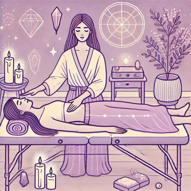DALL·E 2024-06-28 13.46.19 - An illustration in pastel tones of lilac and purple, depicting a serene Reiki session