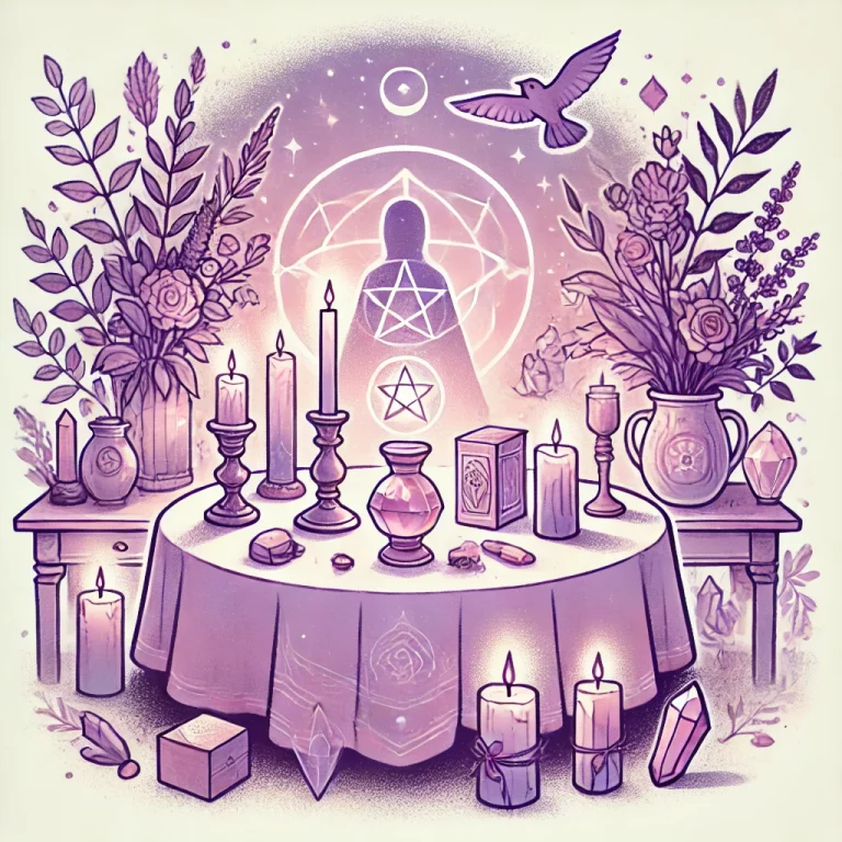 DALL·E 2024-06-28 13.48.20 - An illustration in pastel tones of lilac and purple, depicting a mystical ritual scene