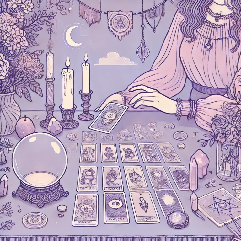 DALL·E 2024-06-28 13.48.43 - An illustration in pastel tones of lilac and purple, depicting a mystical tarot reading scene