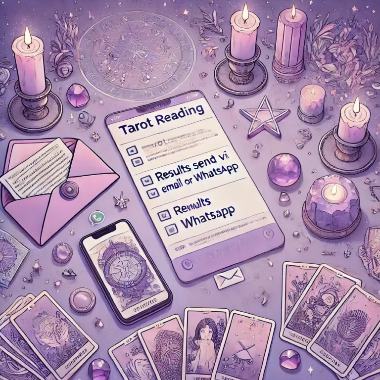DALL·E 2024-07-01 16.47.50 - An illustration in pastel tones of lilac and purple, depicting the promotion of a tarot reading service with results sent via email or WhatsApp
